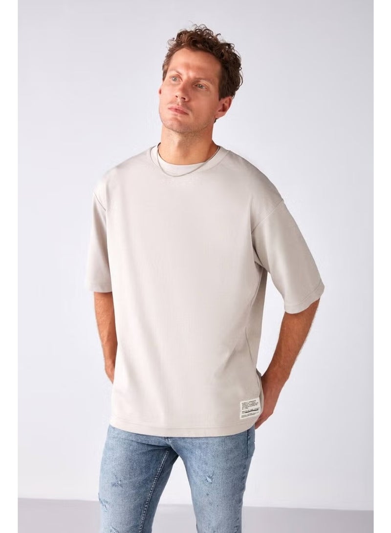 GRIMELANGE Joel Men's 100% Organic Cotton Thick Fabric Special Texture Label Detail Oversize Stone Color T-shirt - Image 1
